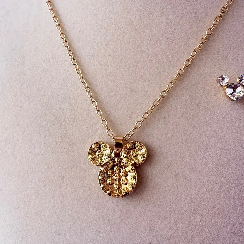 Mickey Mouse Rhinestone Necklace‎ and Earring Set Gold Tone Jewelry